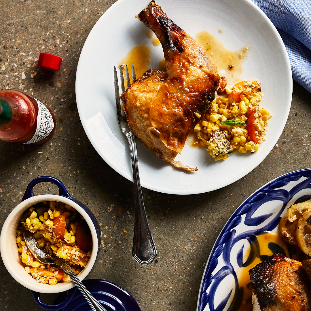 Hot Honey Butter Roasted Chicken with Corn + Tomato Salad