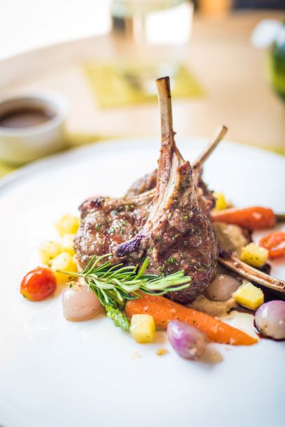 Lamb rack with pan-fried veg and honey balsamic reduction